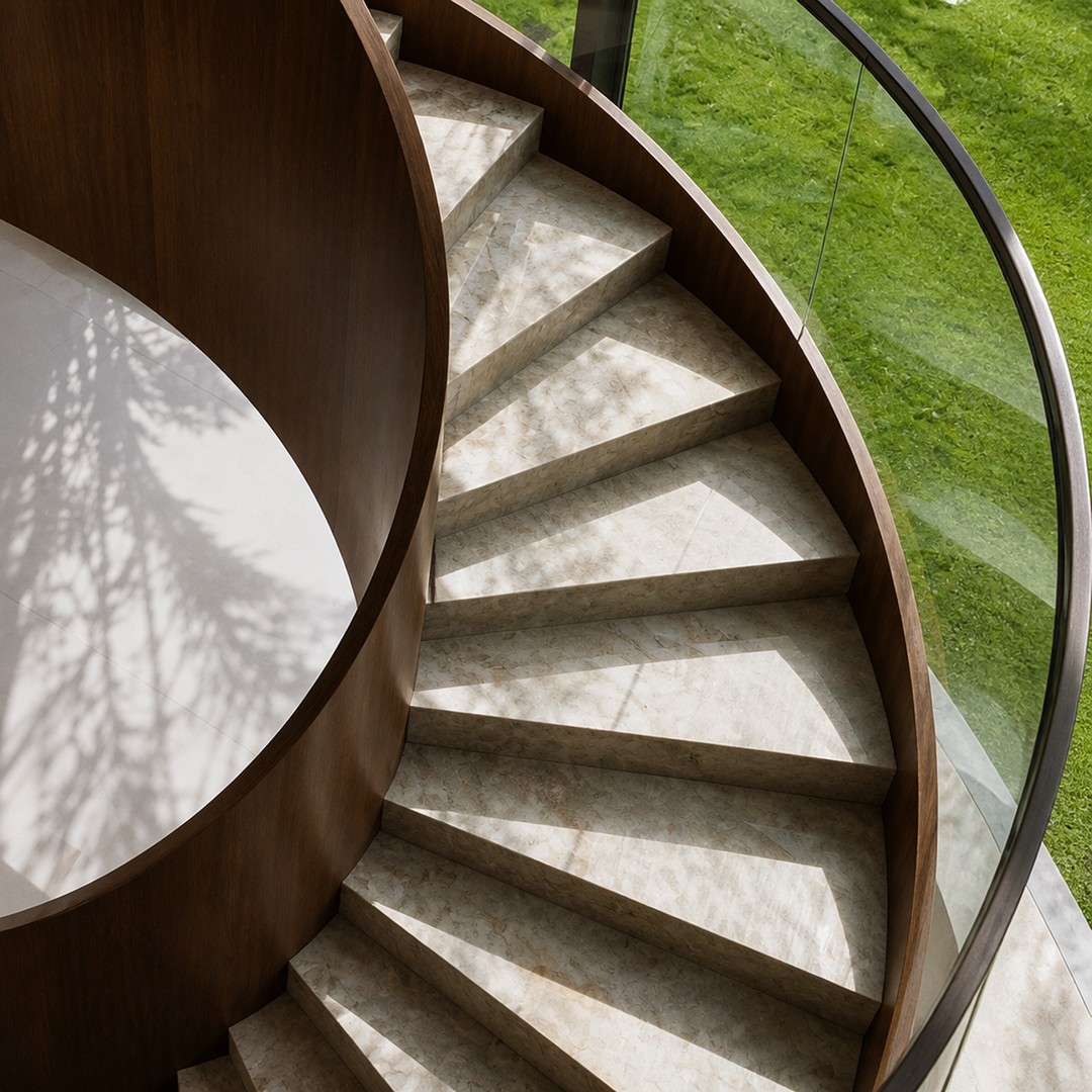 Spiral staircase with light stone treads, a dark wood inner wall, and curved glass railing, seen from above